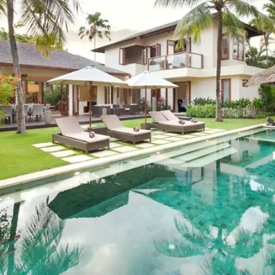 Villa Josuloma Seminyak exterior view with tropical gardens and pool