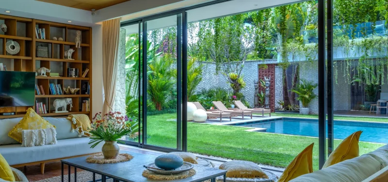 pool view from inside villa pantai indah, canggu, Bali