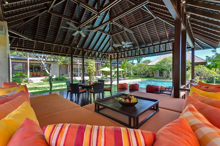View from living area bale with poolside Villa Bendega Nui, Canggu
