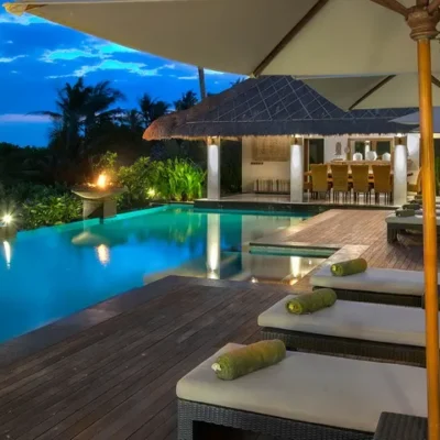 Seseh Beach Villa I – Poolside at twilight Seseh Beach Villa Estate - Villa Gallery