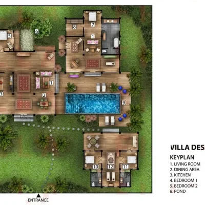 villa-desa-roro-layout-color-finished-villa-desa-roro-01-672b39675e2a3_11zon Traditional Balinese-style villa named Villa Desa Roro, featuring wooden architecture, thatched roofs, tropical gardens, and a serene private pool area
